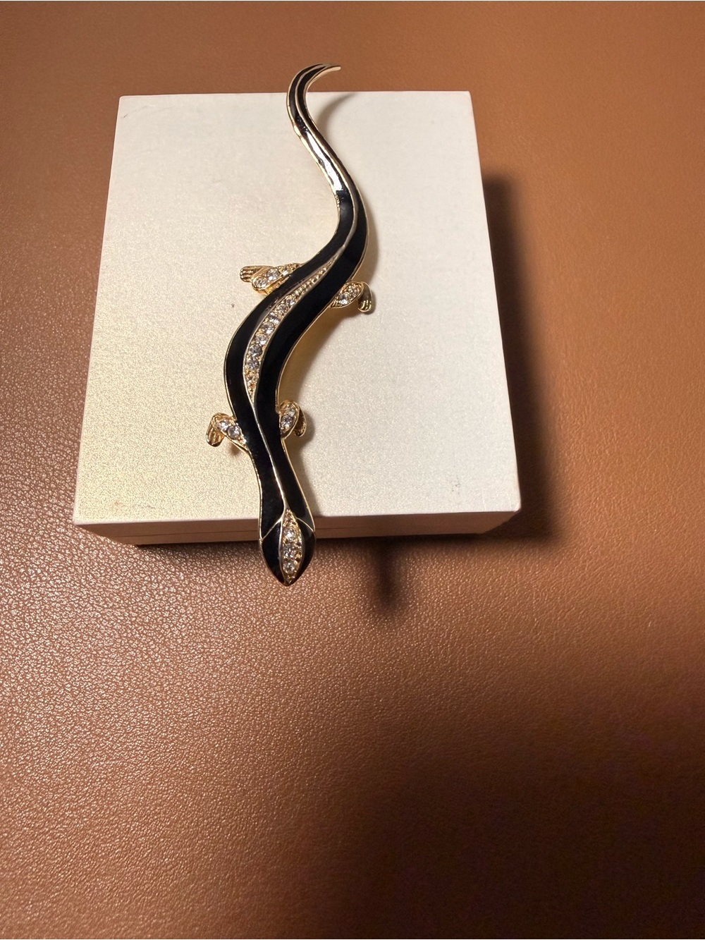 Gold-Tone Black Enamel Lizard Brooch with Clear Crystal Accents